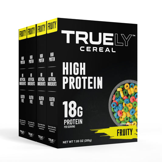 Truely cereal box with 'High Protein' and 'Fruity' text on a white background
