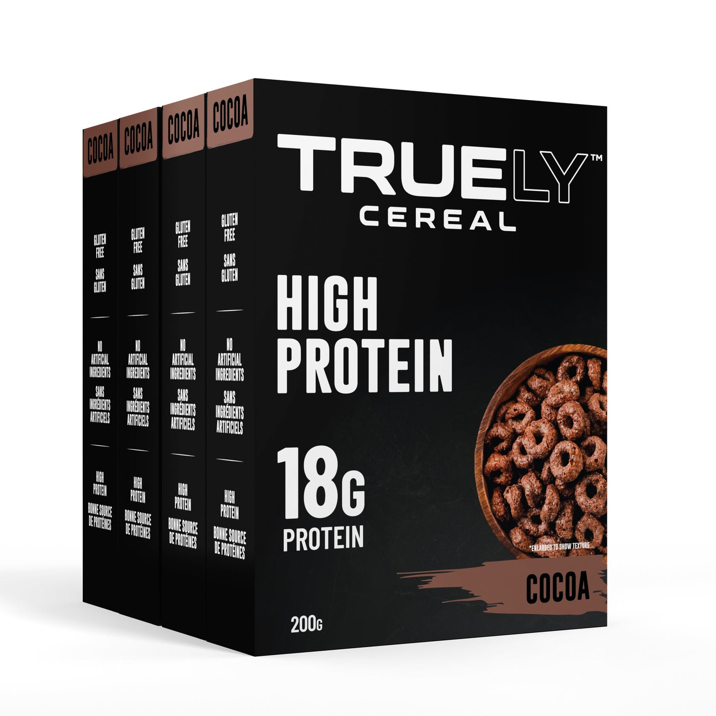 Four boxes of Truely High Protein Cocoa cereal arranged side by side with the front box prominently displayed. The packaging is black with white and brown text and graphics indicating the product is a high protein cereal with 18g of protein per serving.