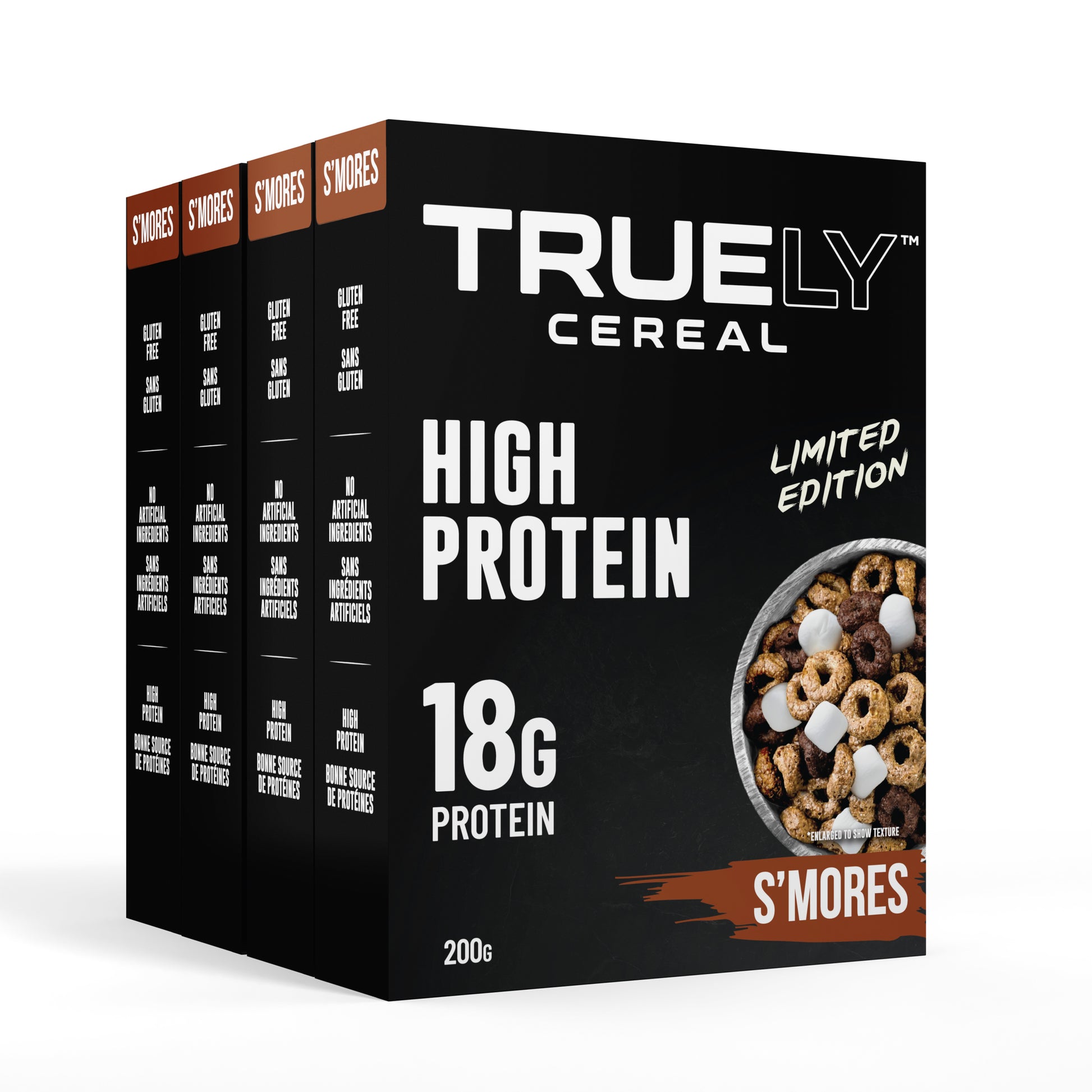 Packaging of Truely High Protein Cereal S'Mores showing the box with the brand name and the limited edition label, indicating 18g of protein per serving and the cereal being gluten-free.