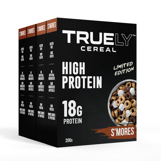 Packaging of Truely High Protein Cereal S'Mores showing the box with the brand name and the limited edition label, indicating 18g of protein per serving and the cereal being gluten-free.