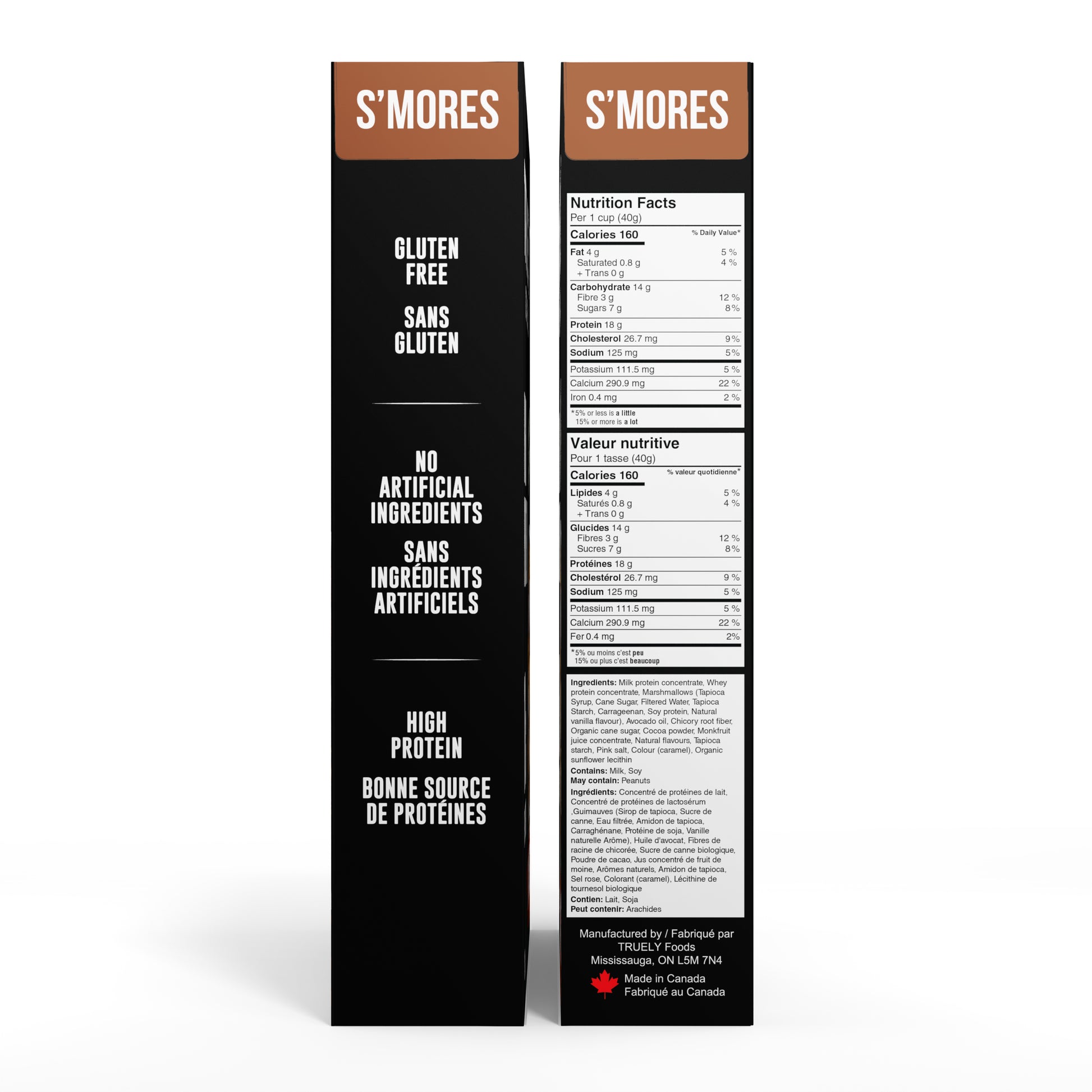 Truely S'mores Flavour nutrition facts and ingredients on a box.