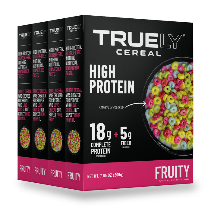 Four boxes of Truely High Protein Cereal Fruity, 200g each