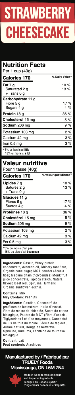 Nutrition facts label for strawberry cheesecake flavour.