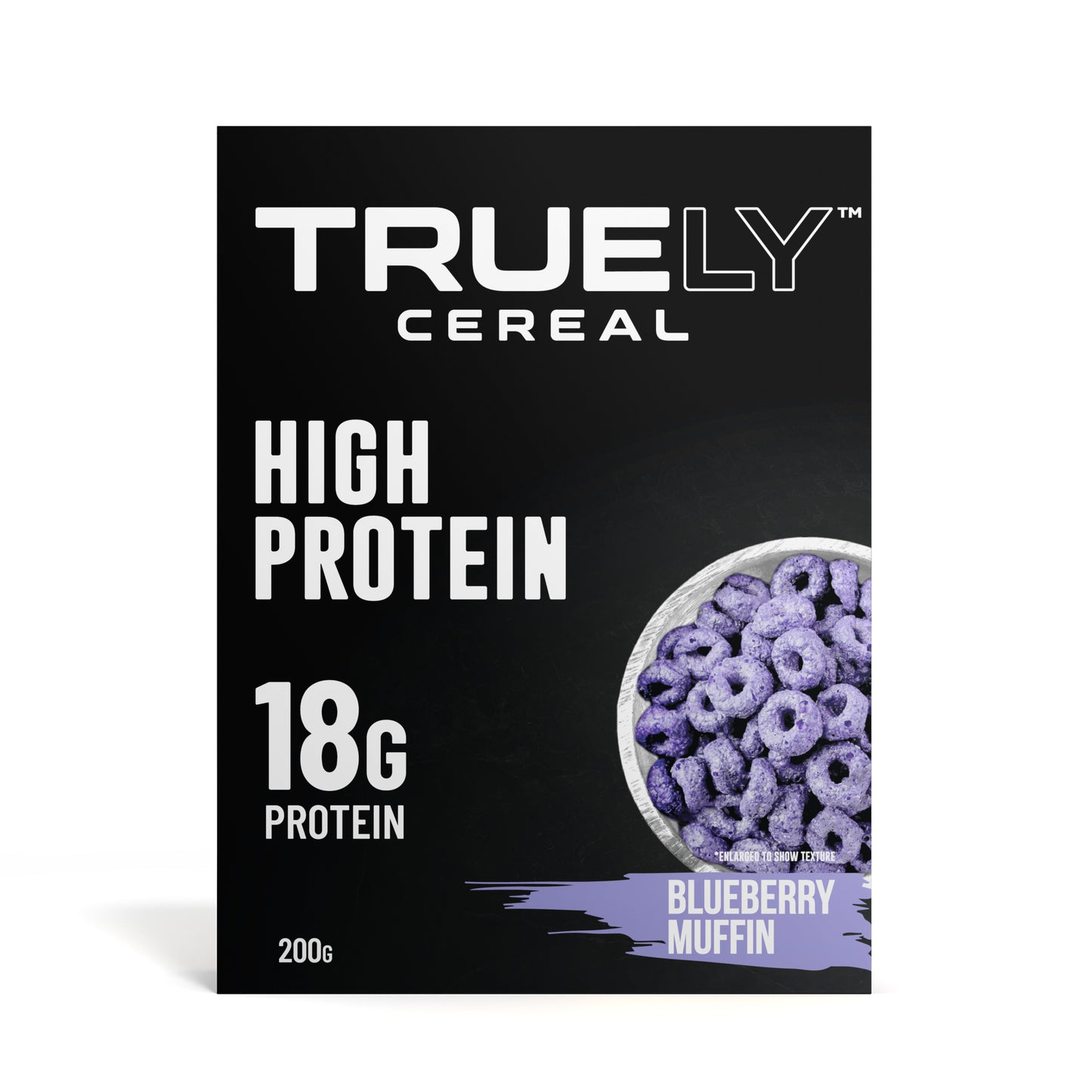 Packaging of Truely Protein Cereal Blueberry Muffin flavor, showing a bowl of cereal with blueberry muffin shapes on the front.