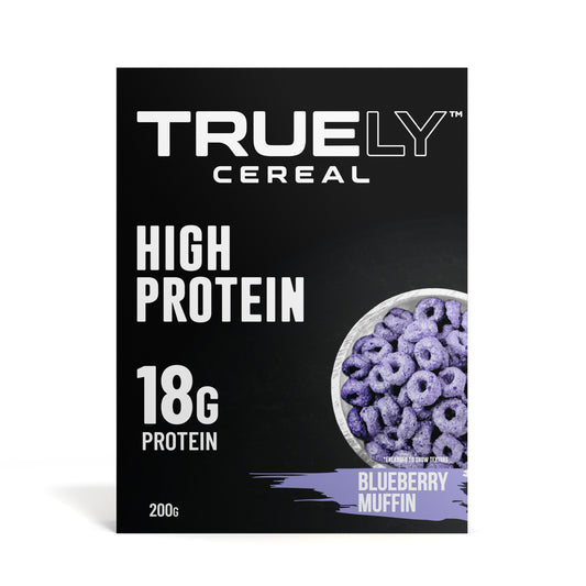 Packaging of Truely Protein Cereal Blueberry Muffin flavor, showing a bowl of cereal with blueberry muffin shapes on the front.