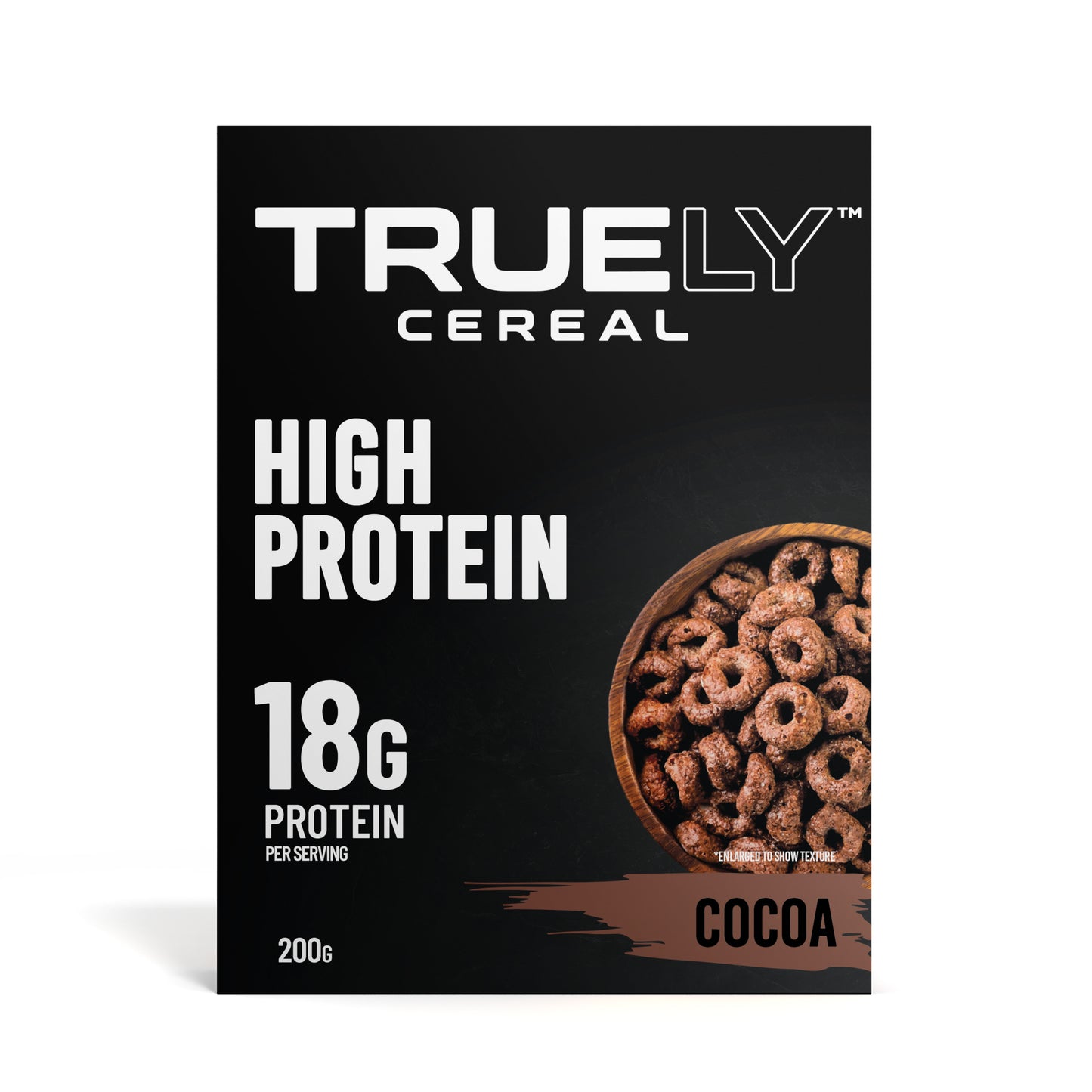 Packaging of Truely Protein Cereal Cocoa showing the brand name, product name, and an image of the cocoa flavored cereal with 18g protein per serving.
