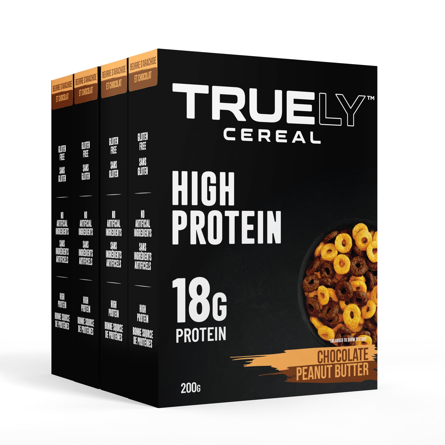 Pack of four Truely High Protein Chocolate Peanut Butter cereal boxes, with each box displaying the product name and the amount of protein per serving (18g). 200g total weight.