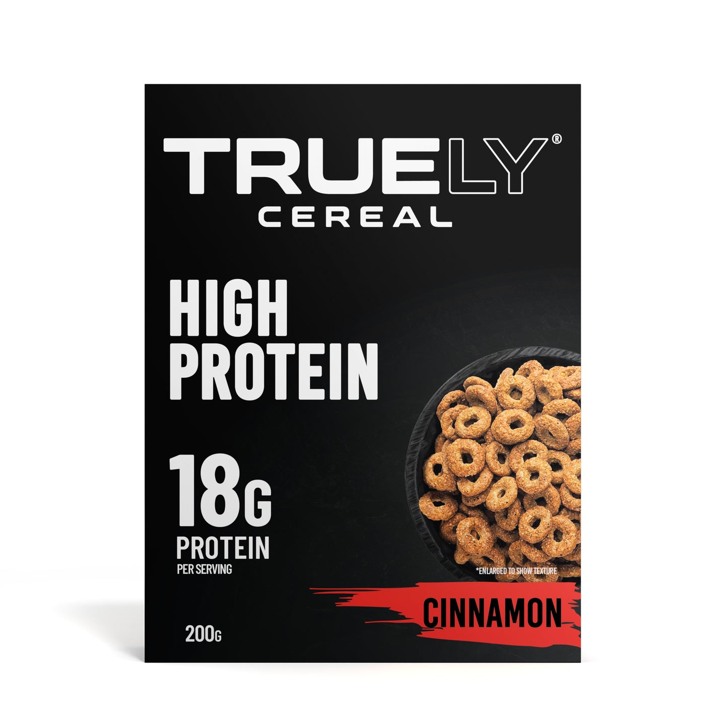 Packaging of Truely High Protein Cereal in Cinnamon flavor, displaying the brand name, product name, and an image of the cereal with 18 grams of protein per serving text.