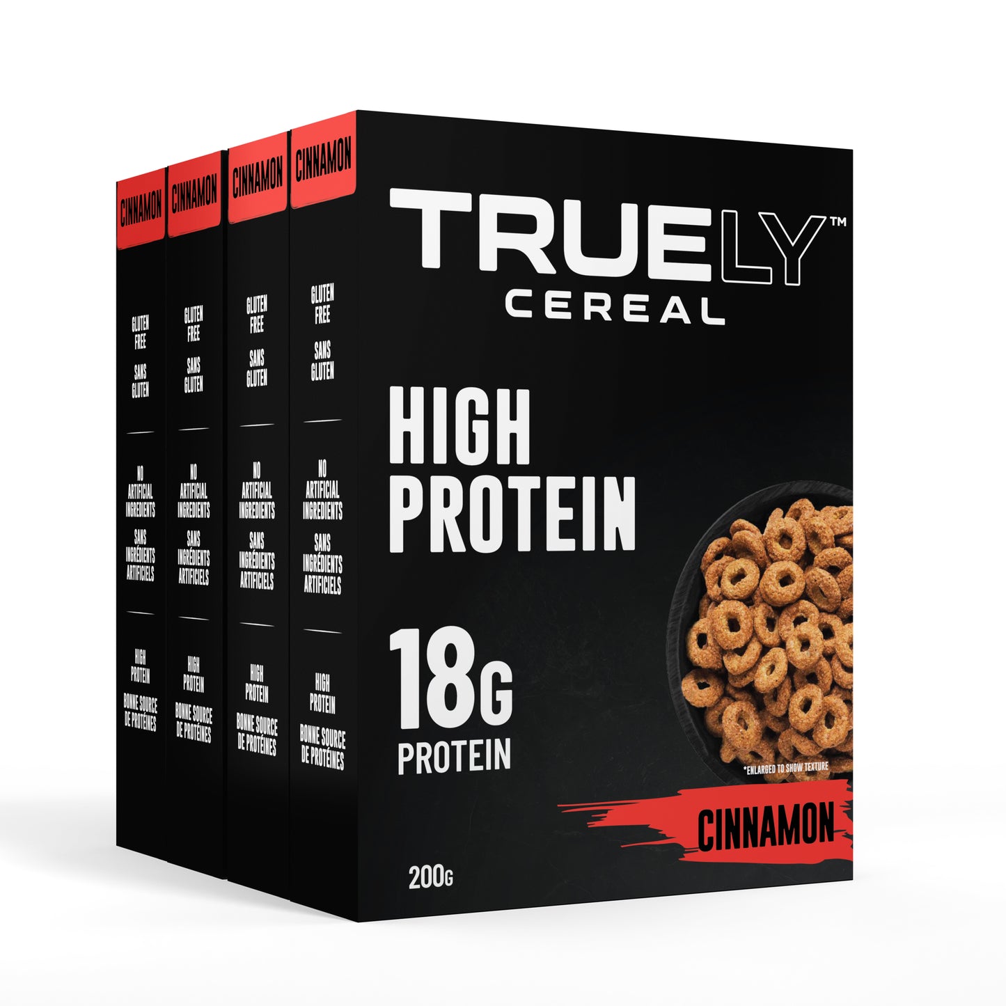 4 Boxes of Truely High Protein Cereal in Cinnamon flavor, with the brand logo and product details visible.