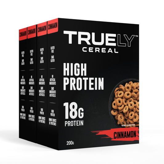 4 Boxes of Truely High Protein Cereal in Cinnamon flavor, with the brand logo and product details visible.