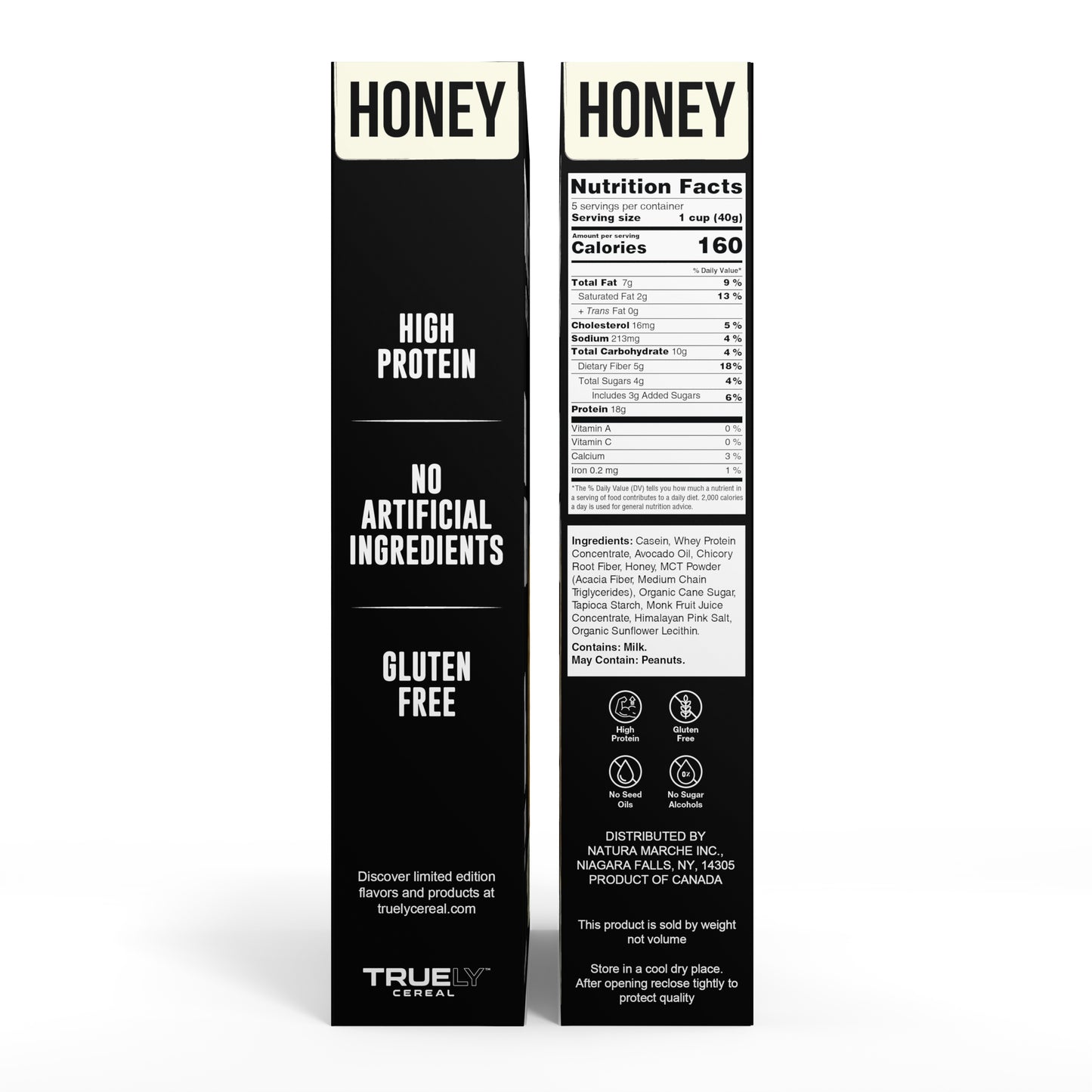 Truely Cereal honey packaging with nutritional information on a white background