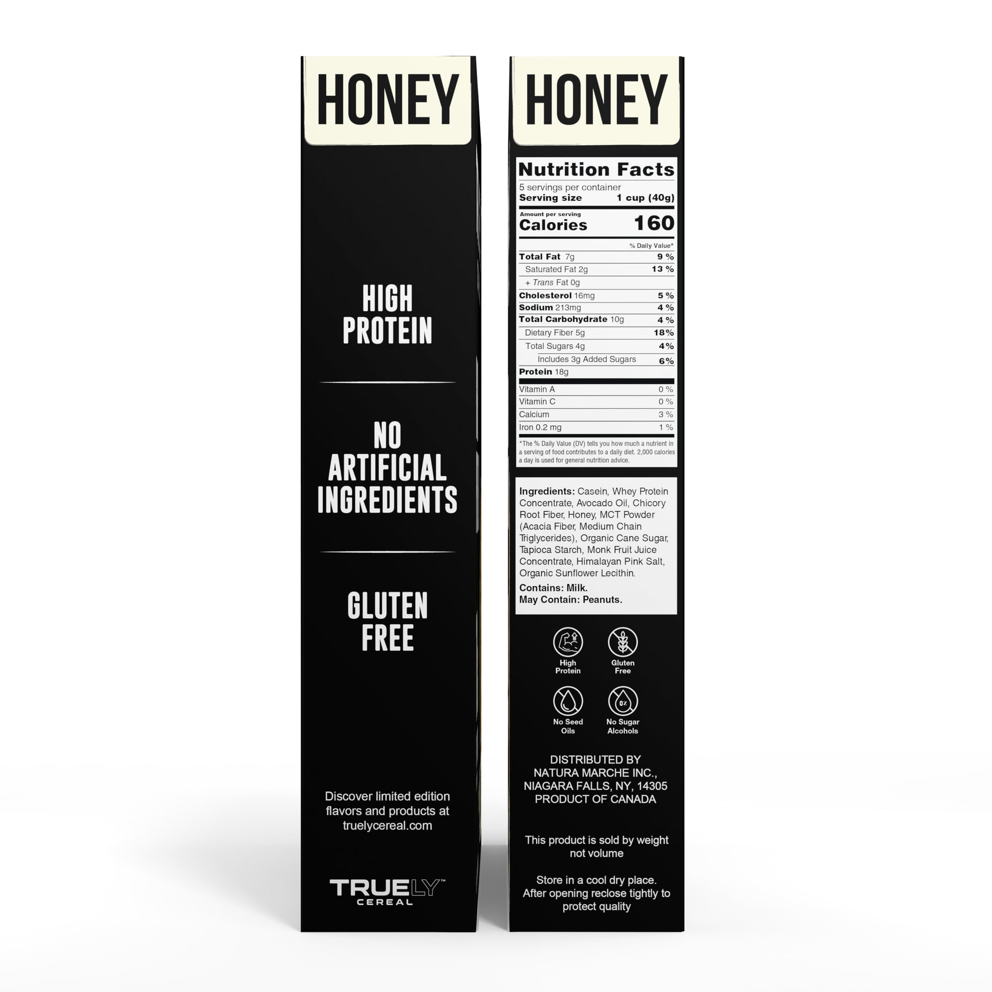 Truely Cereal honey packaging with nutritional information on a white background