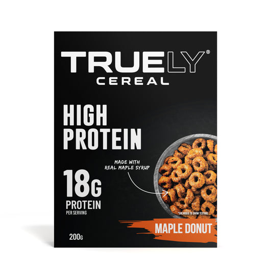 Packaging of Truely Protein Cereal Maple Donut flavor, highlighting 18g of protein per serving and the use of real maple syrup.