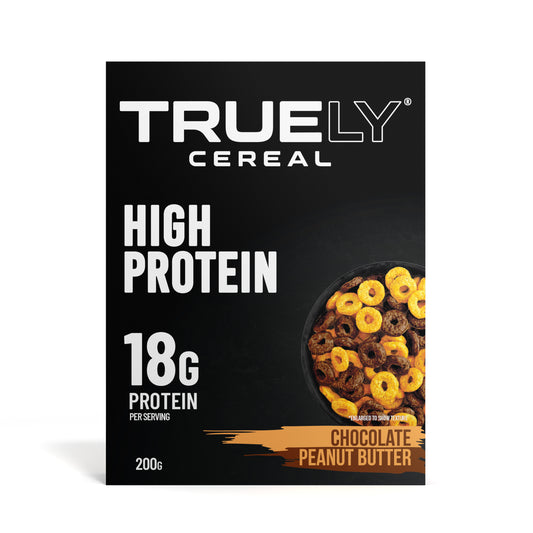 Packaging of Truely High Protein Cereal Chocolate Peanut Butter showing the cereal and the text highlighting the protein content.