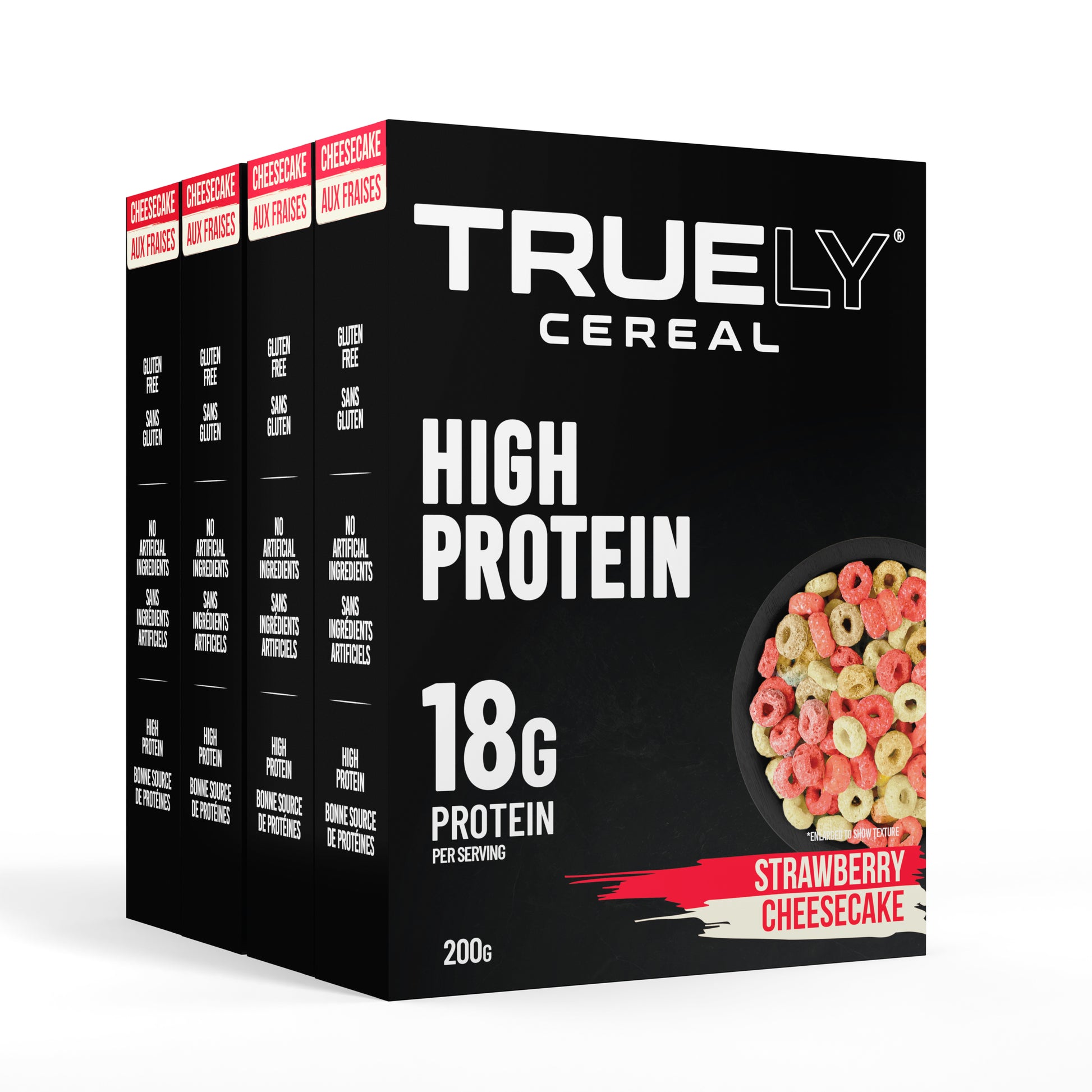 Trueley High Protein cereal box with strawberry cheesecake flavor on a white background. 200g Weight