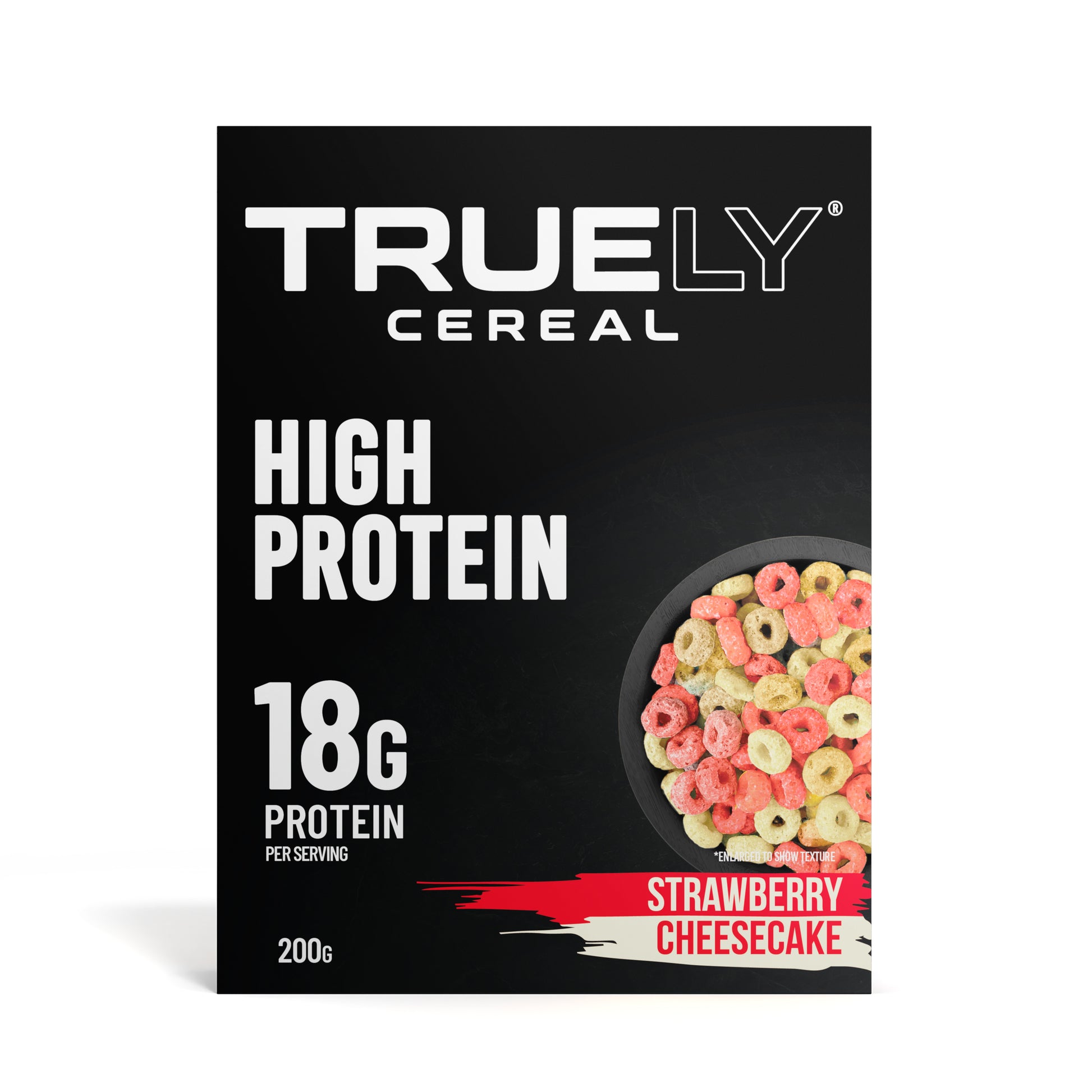 Trueley Cereal Strawberry Cheesecake flavor packaging on a white background
