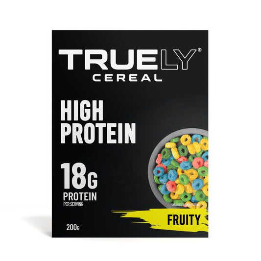 Packaging of Truely High Protein Fruity Cereal showing the brand logo, the words 'HIGH PROTEIN 18G PROTEIN PER SERVING', the weight of the package (200g), and a bowl of colorful fruity cereal loops.