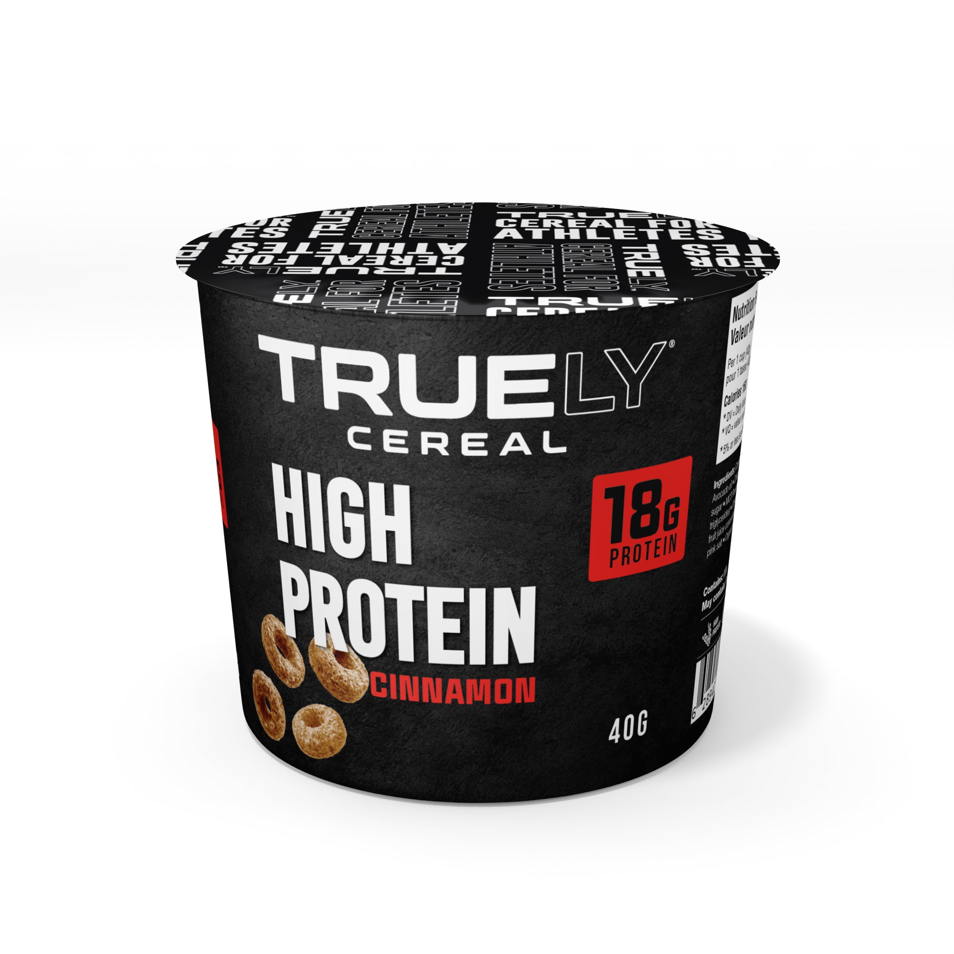 A single serving container of Truely High Protein Cereal with Cinnamon flavor.