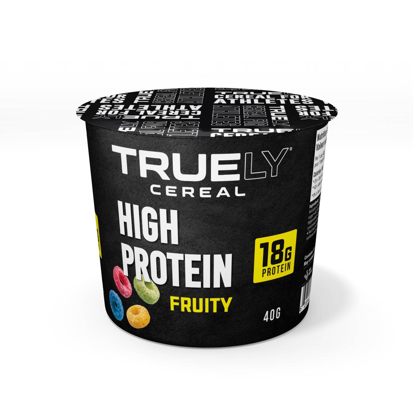 A single serving cup of Truely High Protein Fruity Cereal, with the brand name and protein content displayed on the front.