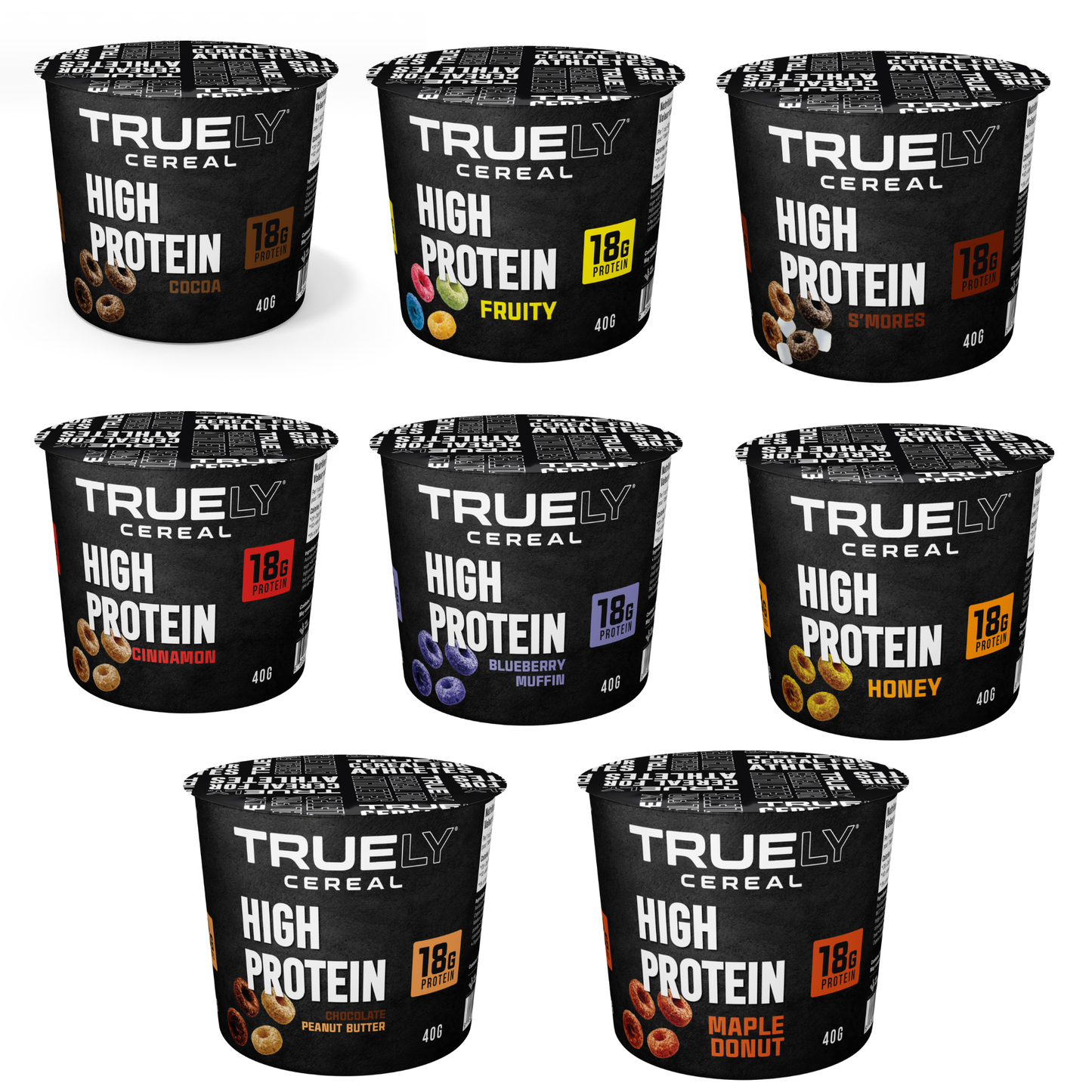A variety of Truely Protein Cereal single serving cups in different flavors. The packaging is black with the brand name and flavor details visible.