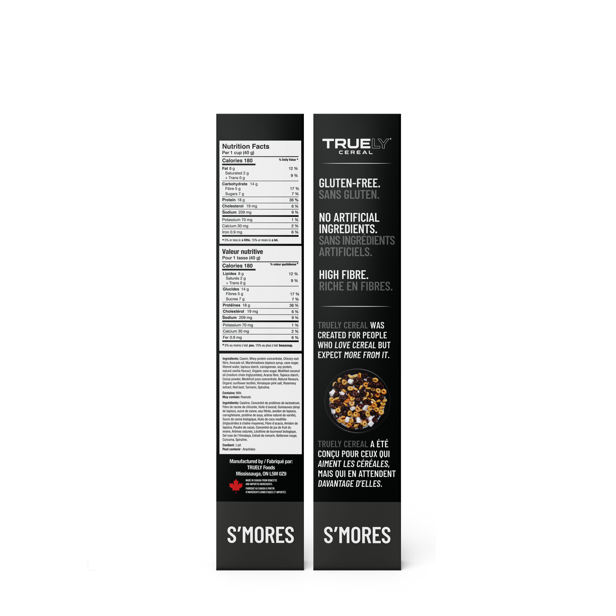 Truely Cereal S'Mores 200g box sides with nutrition facts and ingredients