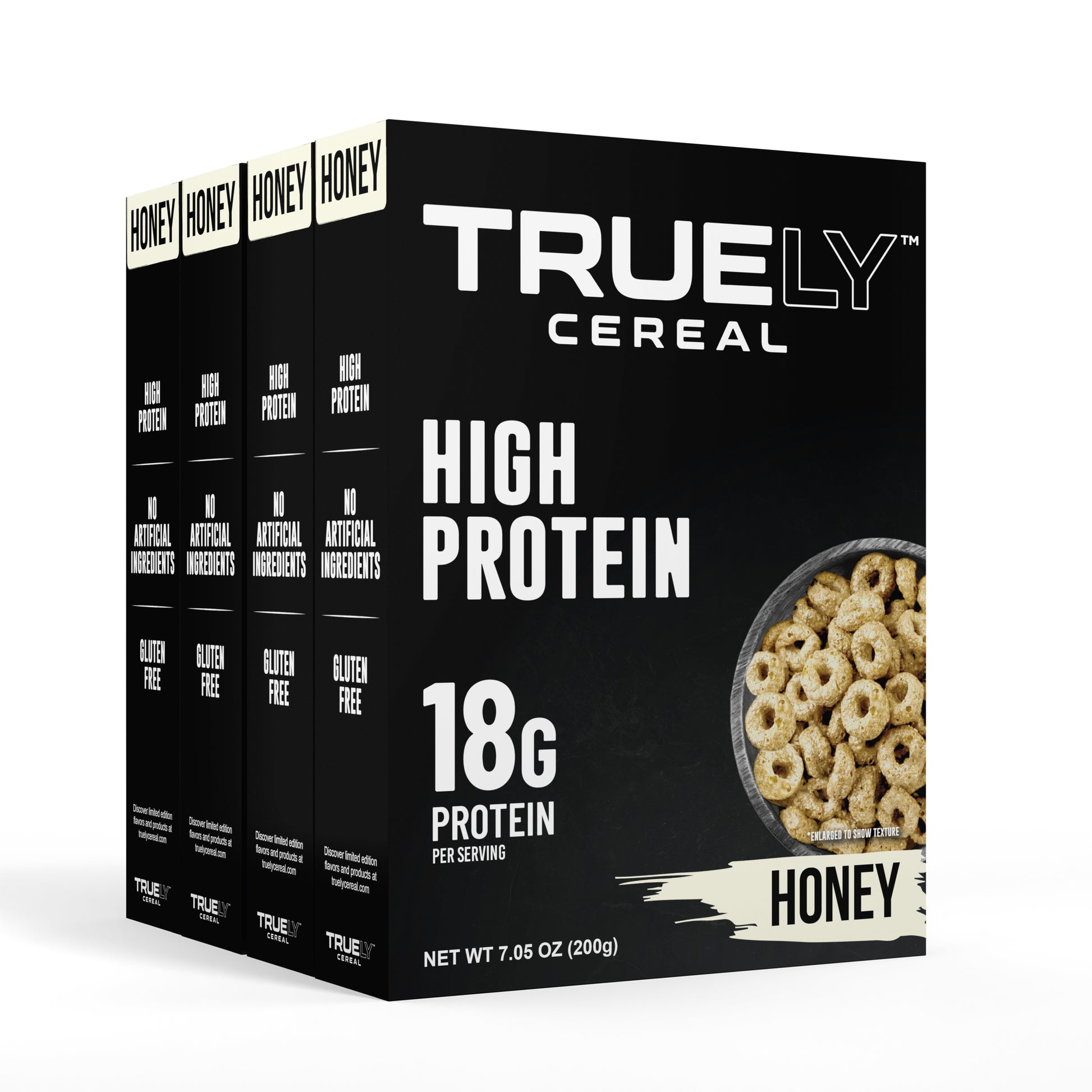 Truely cereal box with honey flavor on a white background