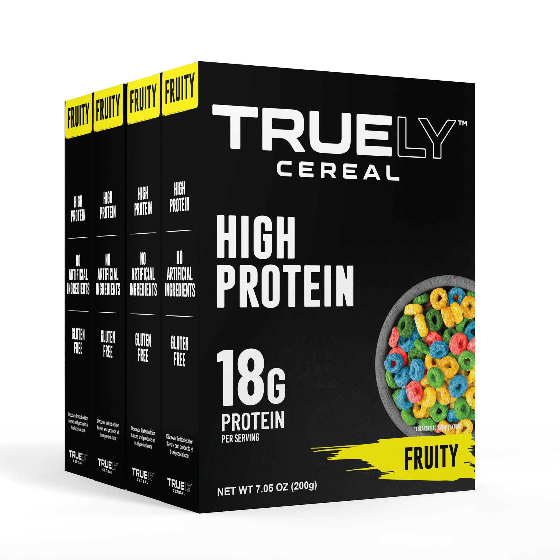 Truely cereal box with 'High Protein' and 'Fruity' text on a white background