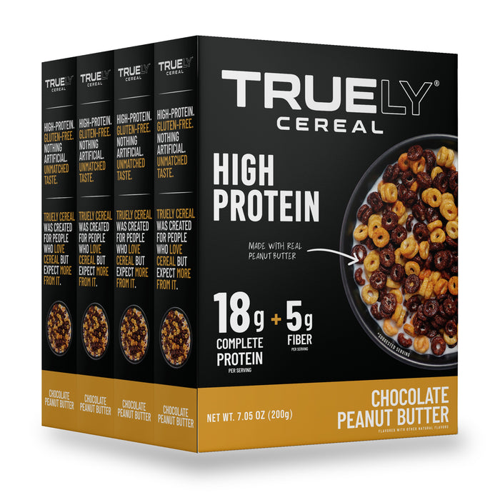 Four boxes of Truely High Protein Cereal Chocolate Peanut Butter, 200g each