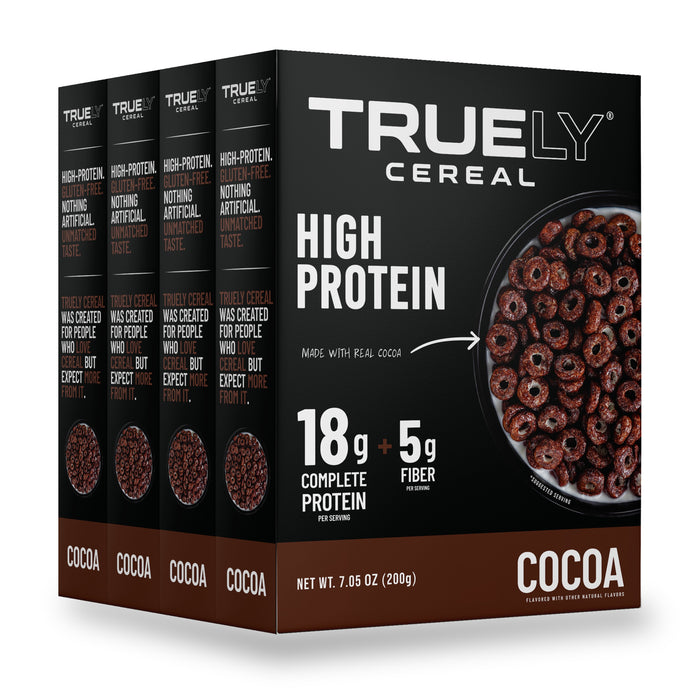 Four boxes of Truely High Protein Cereal Cocoa, 200g each
