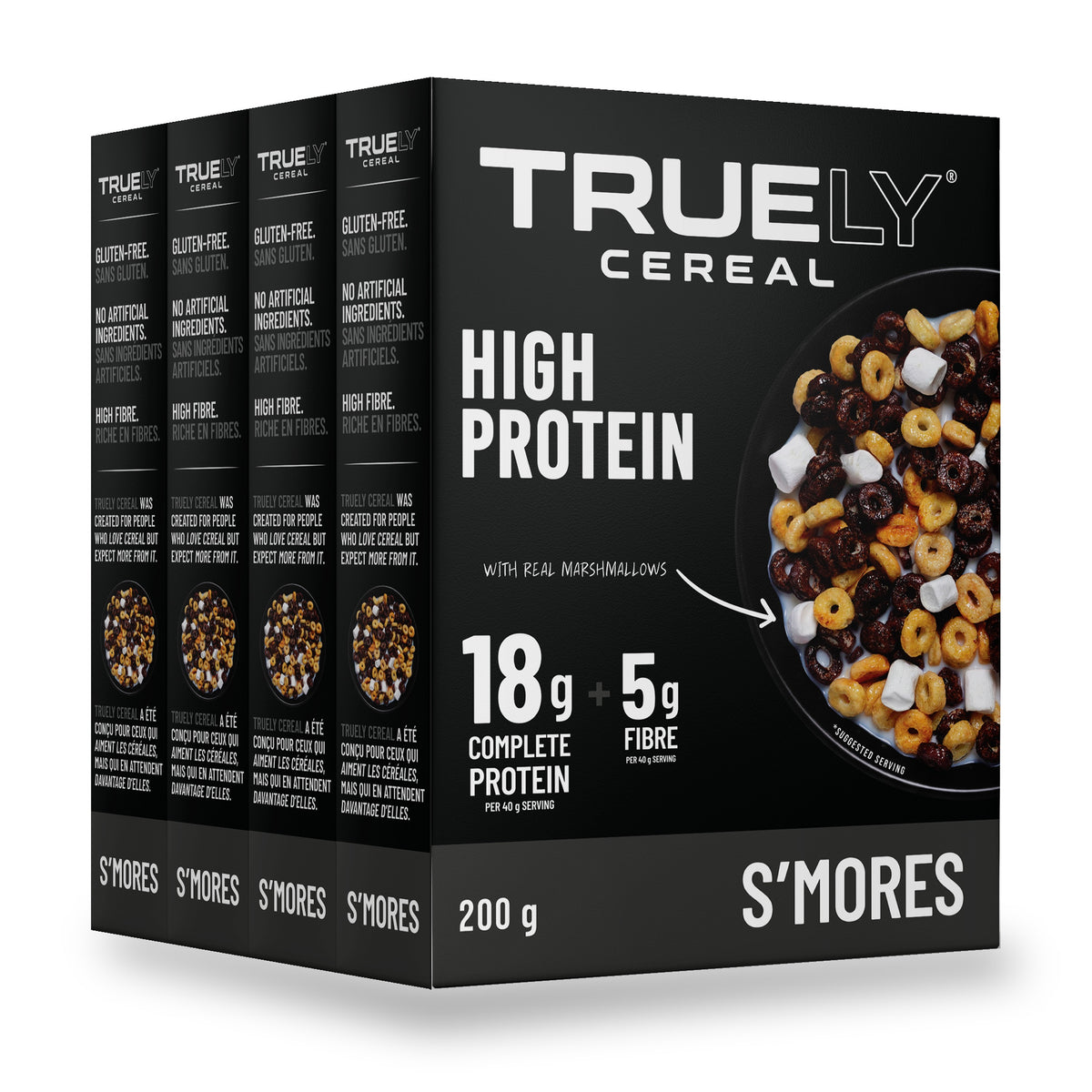 Four boxes of Truely High Protein Cereal S'Mores, 200g each