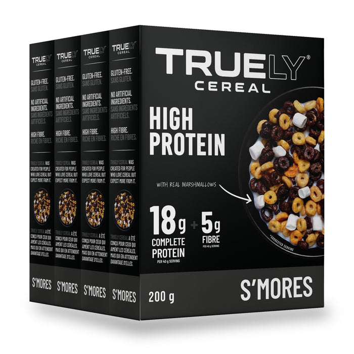 Four boxes of Truely High Protein Cereal S'Mores, 200g each