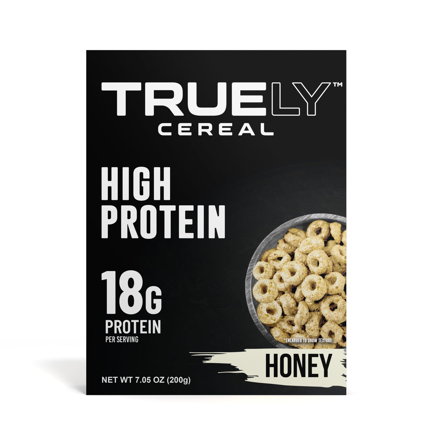 Truely Cereal High Protein Honey flavor packaging on a white background