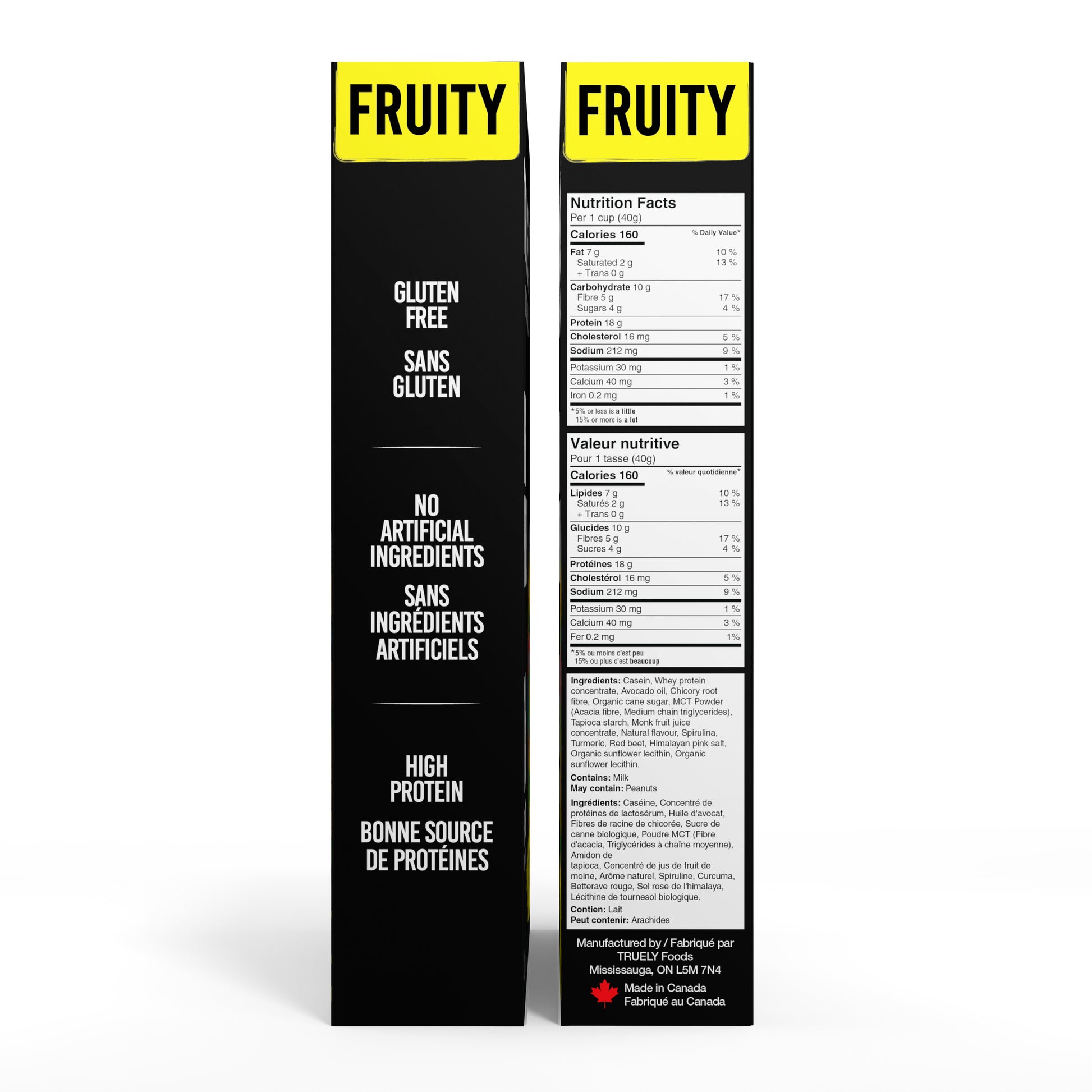 Two black boxes with yellow labels indicating 'Fruity' flavor, gluten-free, no artificial ingredients, and high protein content. Another box shows nutrition facts and ingredients.