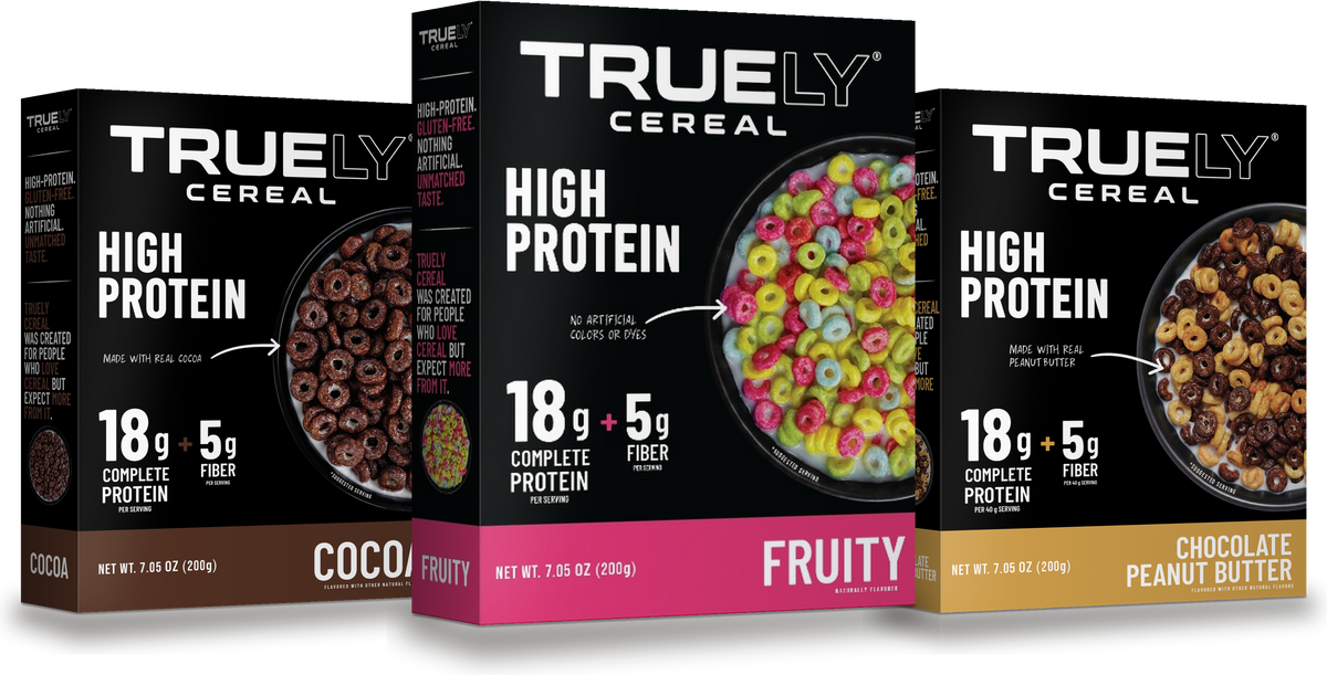 Truely cereal in Fruity, Cocoa and Chocolate Peanut Butter