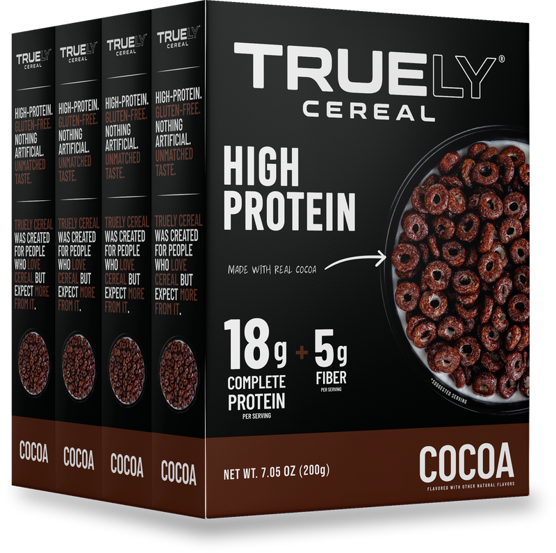 Truely Cocoa high protein cereal, 4 boxes