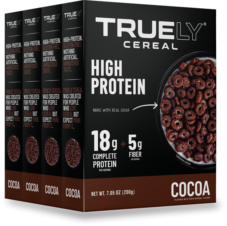 Truely Cocoa high protein cereal, 4 pack