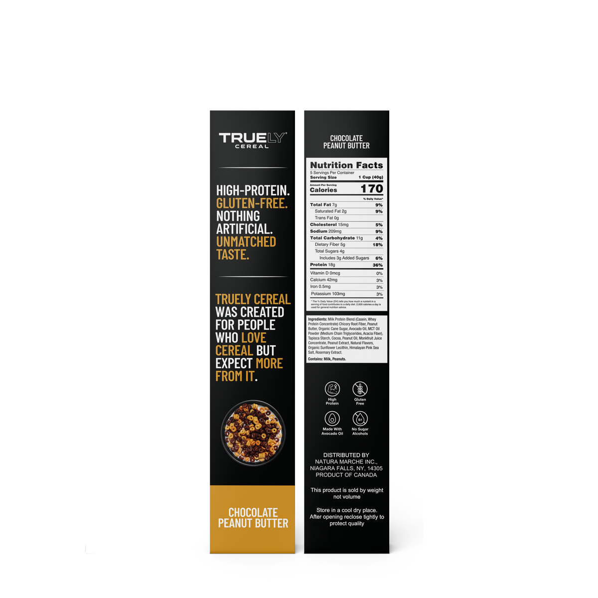 Truely Cereal Chocolate Peanut Butter 200g box sides with nutrition facts and ingredients