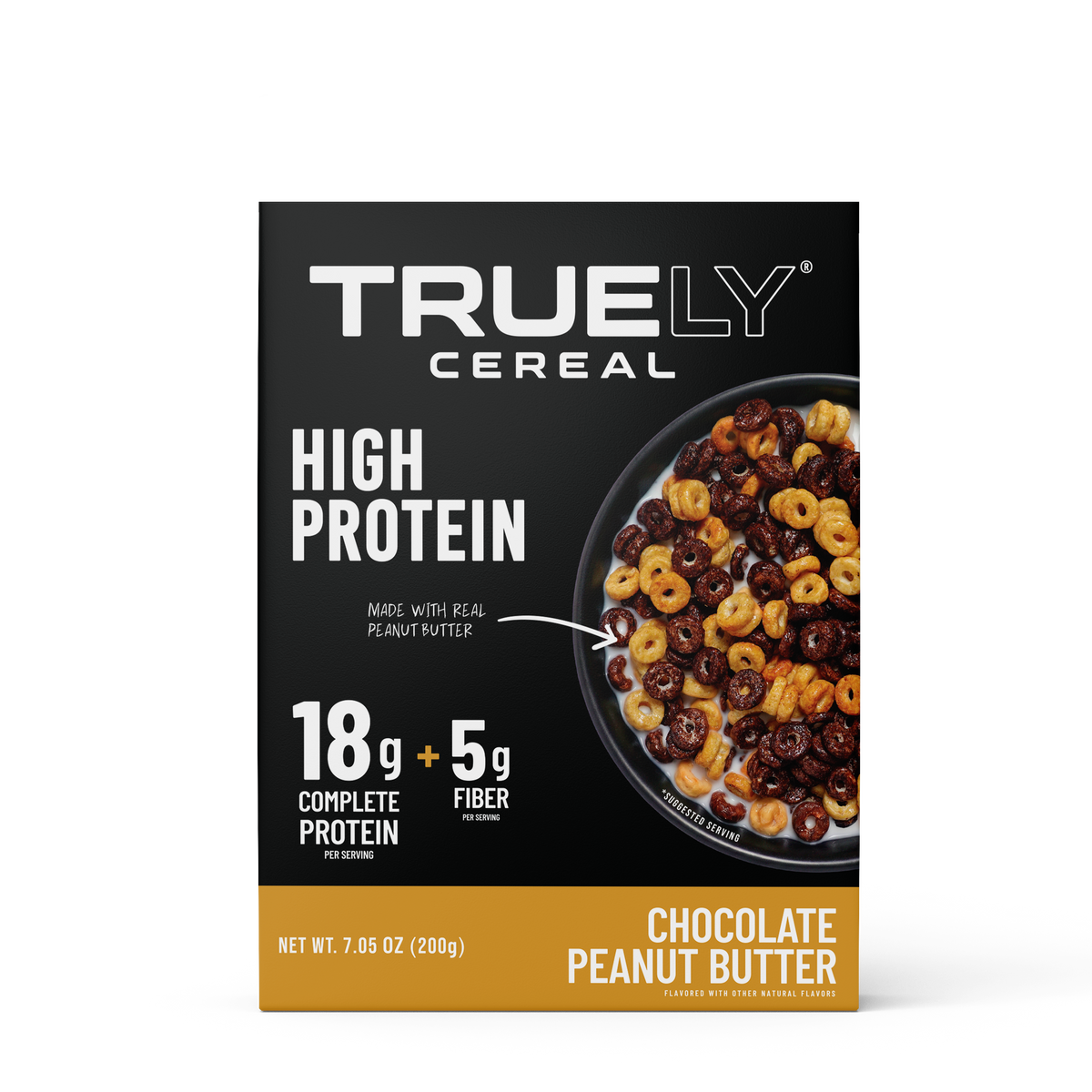 Truely High Protein Cereal Chocolate Peanut Butter 200g box, front