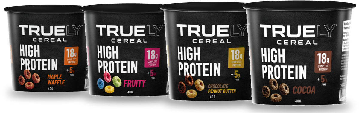 Truely single-serve cups in Maple, Fruity, Chocolate Peanut Butter and Cocoa