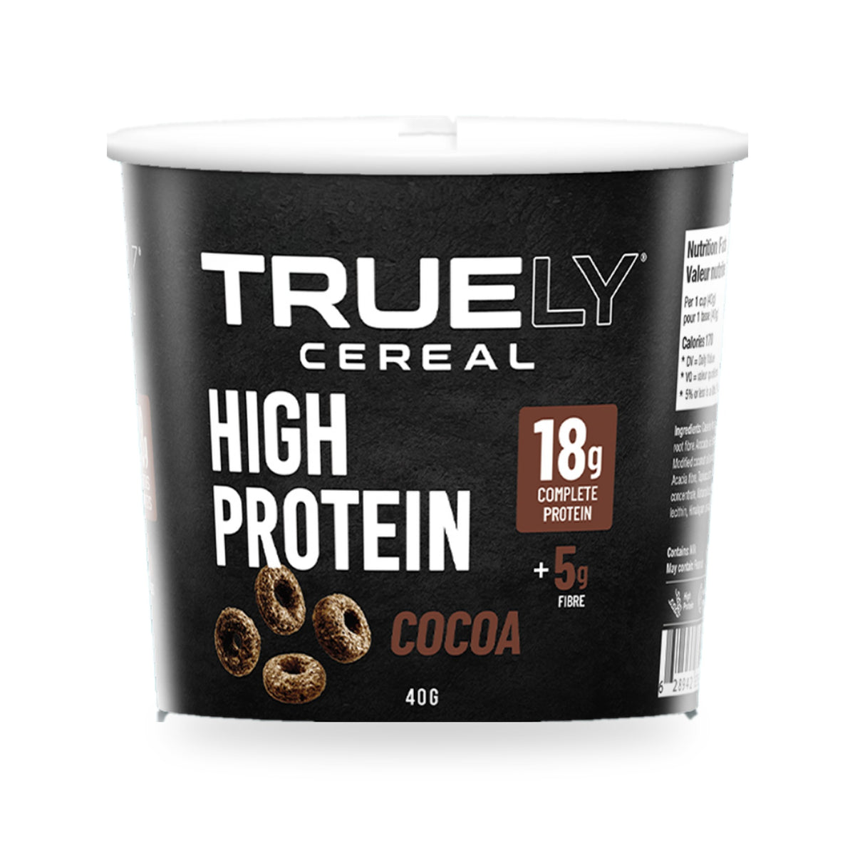 Truely Cocoa high protein cereal single-serve cup, front