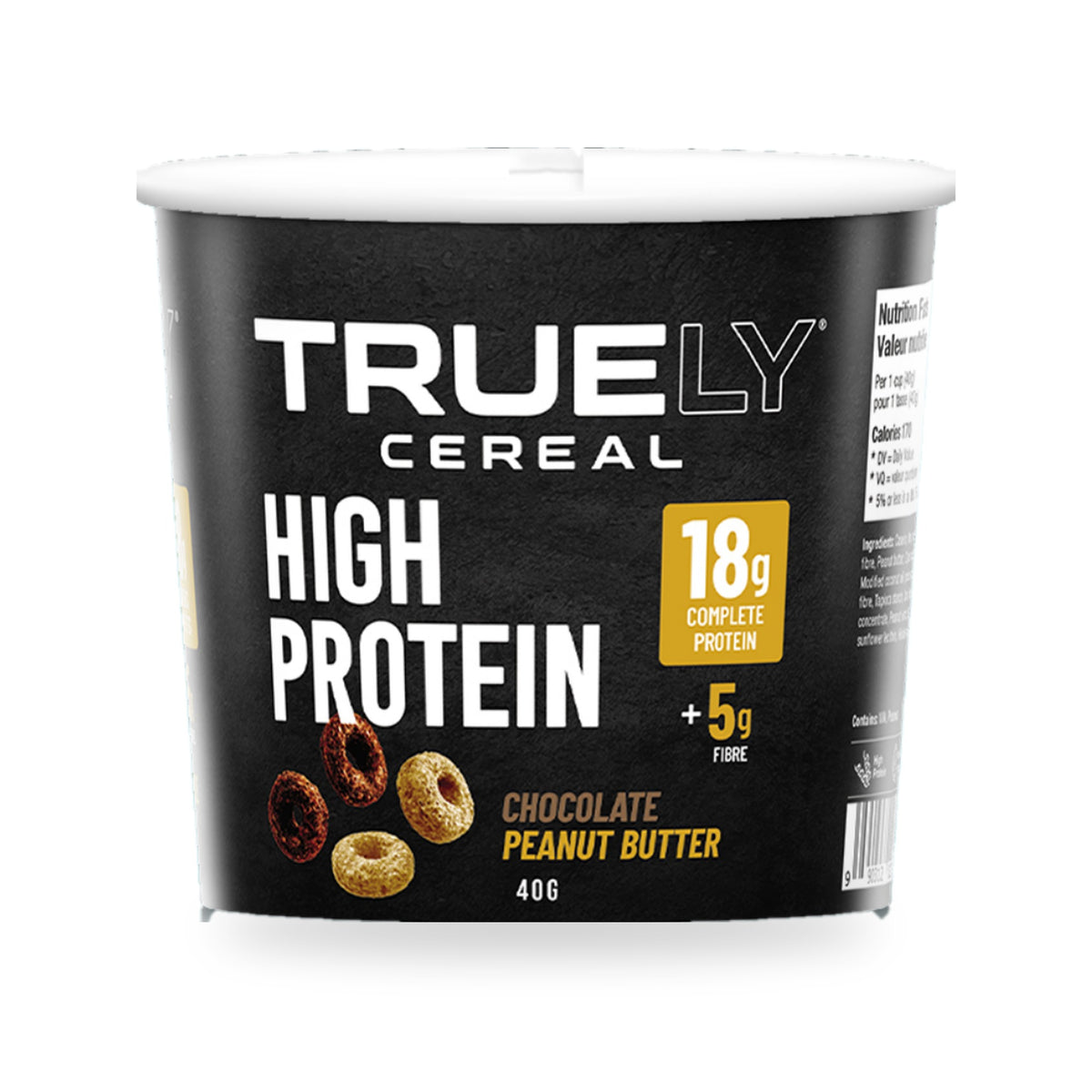 Truely Chocolate Peanut Butter high protein cereal single-serve cup, front