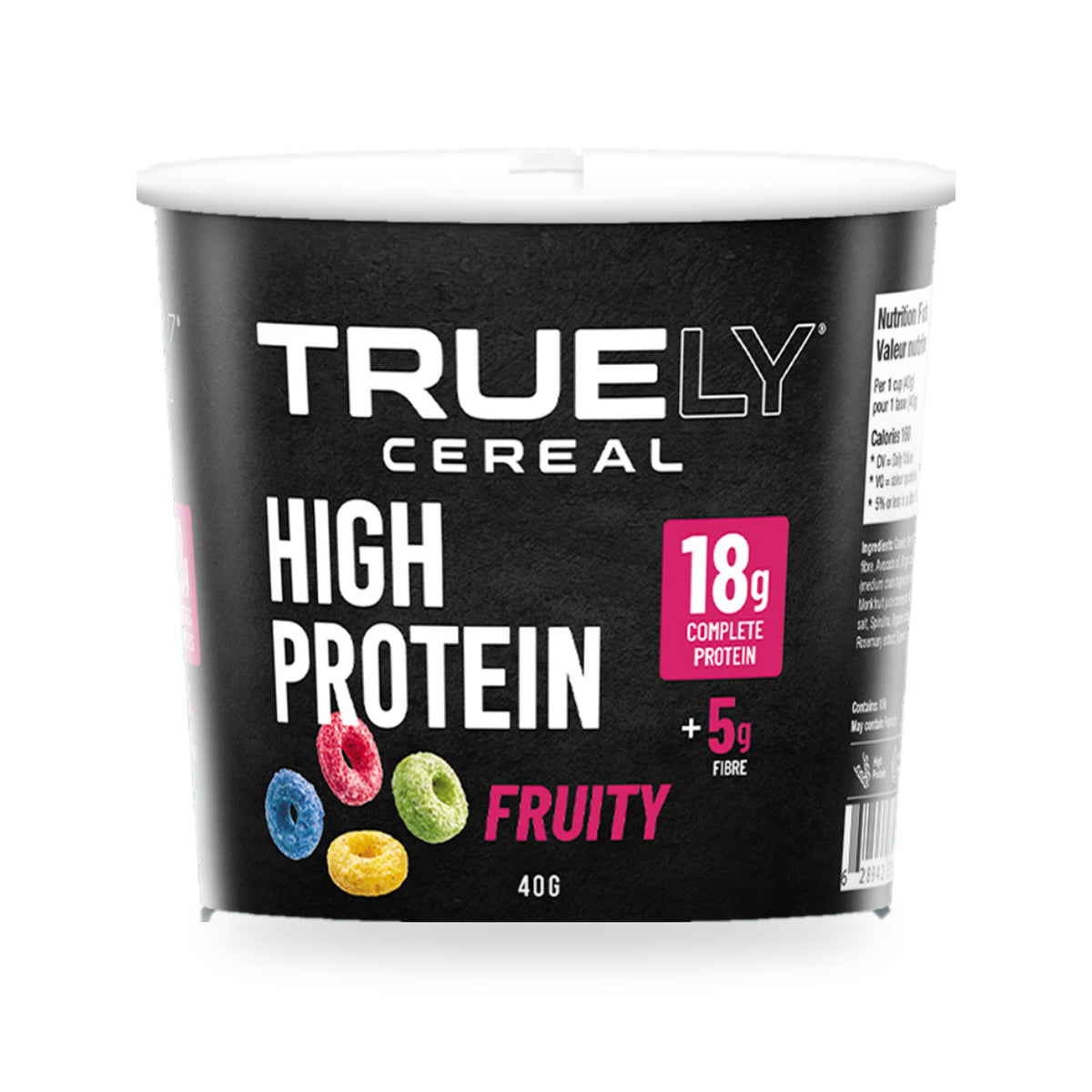 Truely Fruity high protein cereal single-serve cup, front