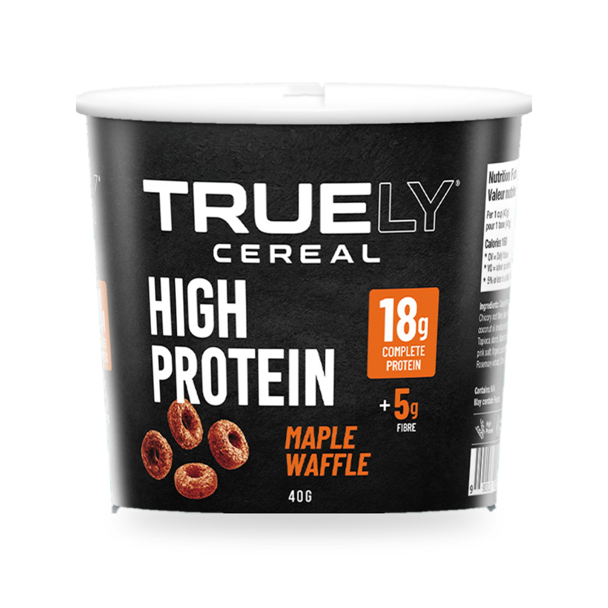 Truely Maple Waffle high protein cereal single-serve cup, front